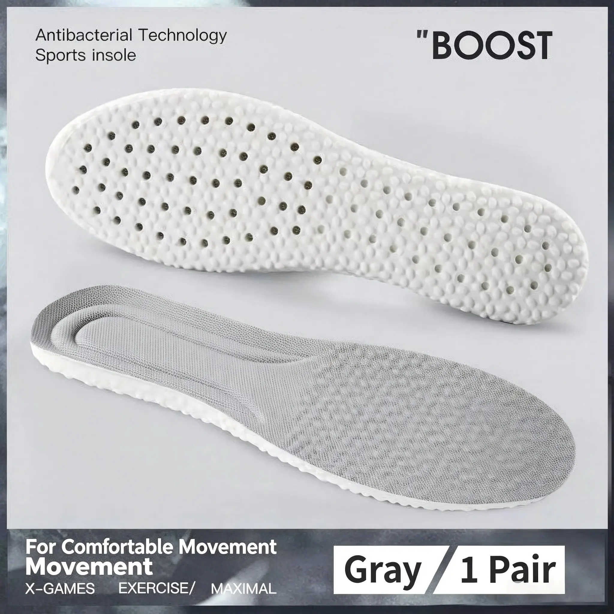 Unisex Boost Perforated Popcorn Sports Shoe Insoles, Antibacterial Shock Absorbing, Sweat Wicking, Anti-Fatigue Foot Pads for All Seasons
