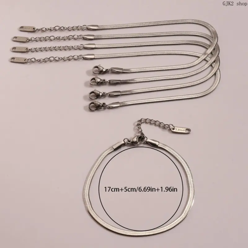 Silver‑Tone Flat Snake Chain Bracelet, Stainless Steel Herringbone Bracelet With Extension Chain, Minimalist Fashion Jewelry for Women