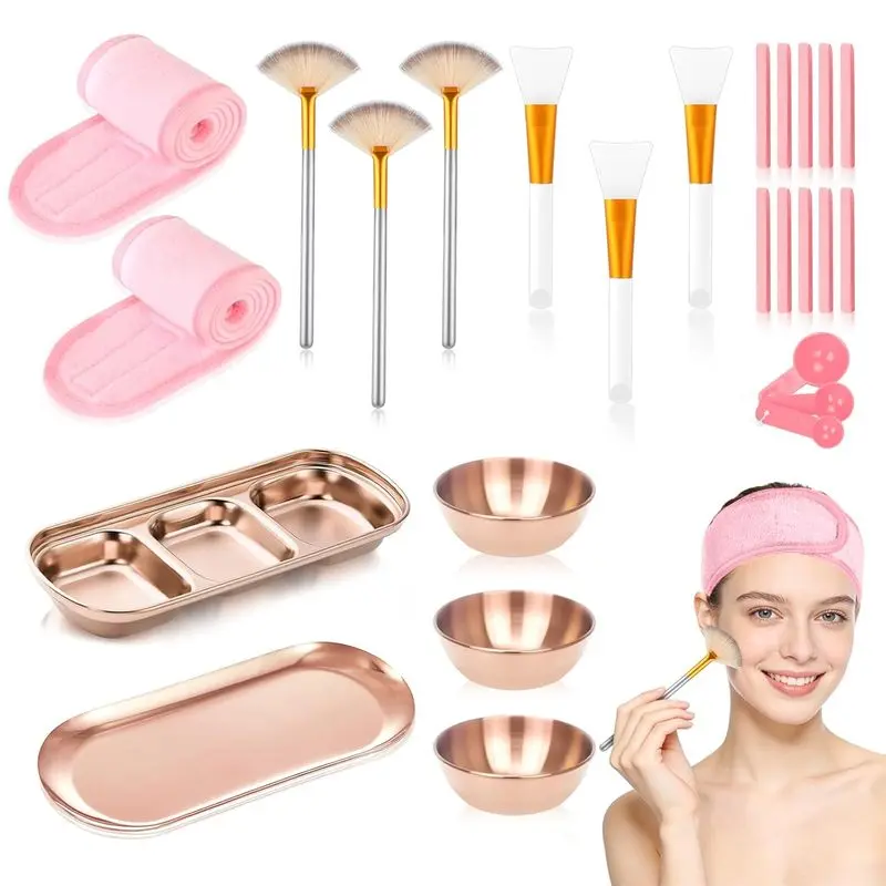 28 Facial Supplies 3 Facial Mask Mixing Bowls 3 Facial Fan Brushes 3 Mask Applicator Brushes 3 Mask Measuring Spoons Skincare Tray 3-Compartment Tray 12 Facial Sponges 2 Spa Headbands