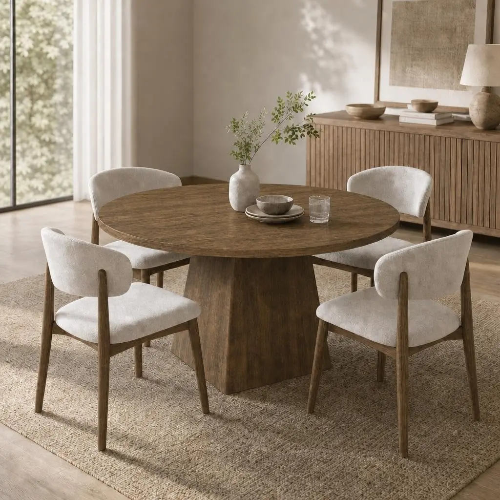 Modern Round Dining Table (120cm/47"), 3cm Thick Wooden Top, Square Pedestal Base, Seats 4-6, Brown-Red/Black Options, Easy Assembly, Ideal for Dining Room & Living Room