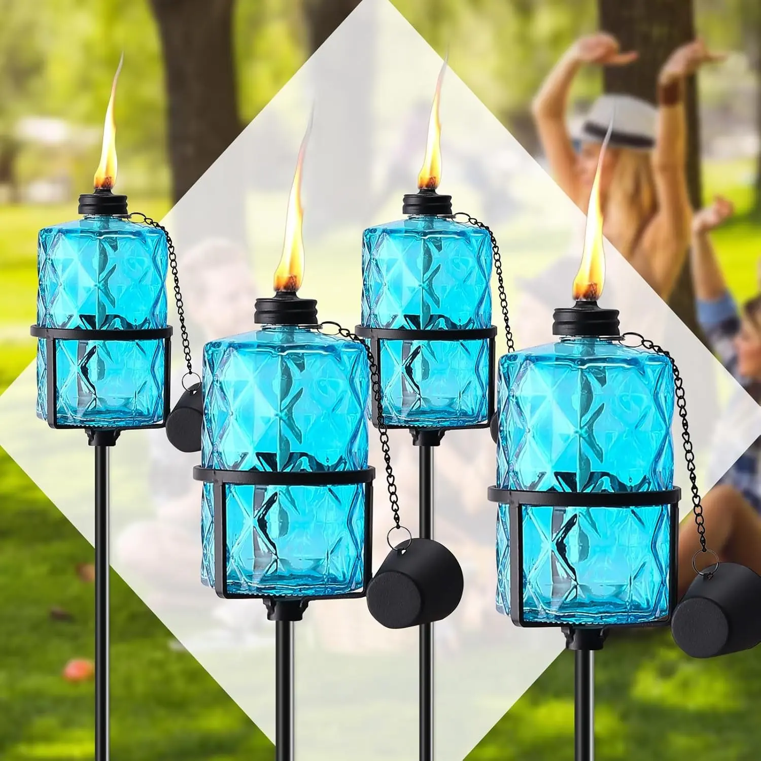 4 Pack Blue Glass Garden Torch 12 oz Outdoor Torch Garden Décor 60-Inch Upgraded Citronella Torches with 3-Prong Grounded Stake for Party Patio Pathway