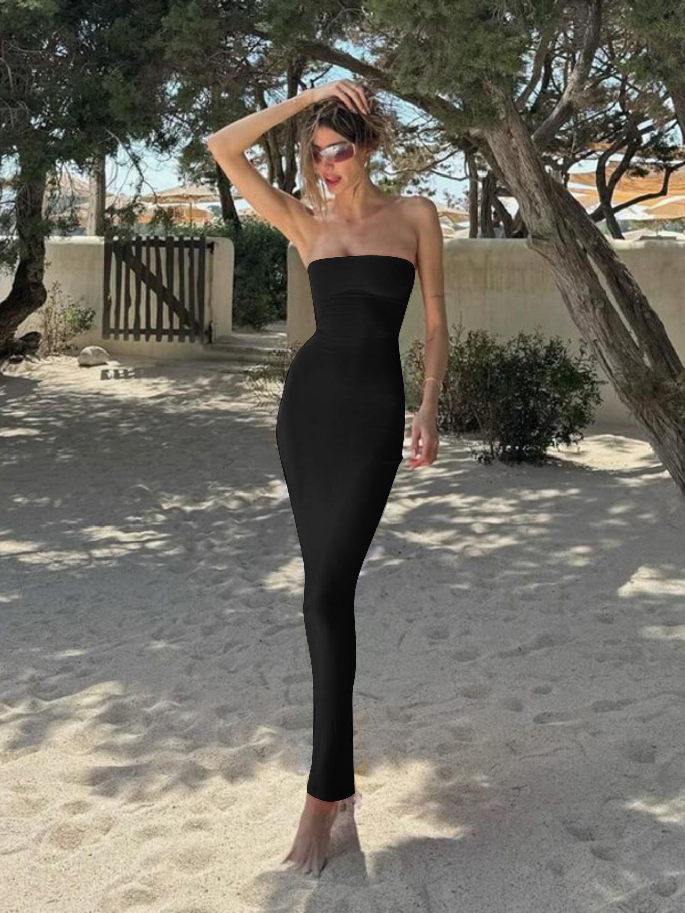 Women's Solid Backless Lace Up Tube Knit Dress, Fashionable Strapless Dress for Party Club Dating, Ladies Summer Clothes, Bodycon Gowns
