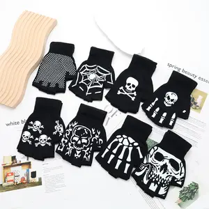 Halloween Skeleton Claw Fingerless Gloves – Knit Half Finger Ghost Hand Gloves, Aesthetic Costume Gloves for Fall Winter Party & Performance