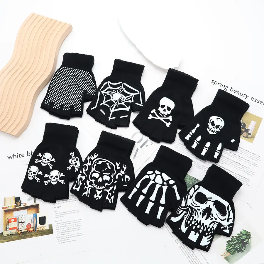 Halloween Skeleton Claw Fingerless Gloves – Knit Half Finger Ghost Hand Gloves, Aesthetic Costume Gloves for Fall Winter Party & Performance