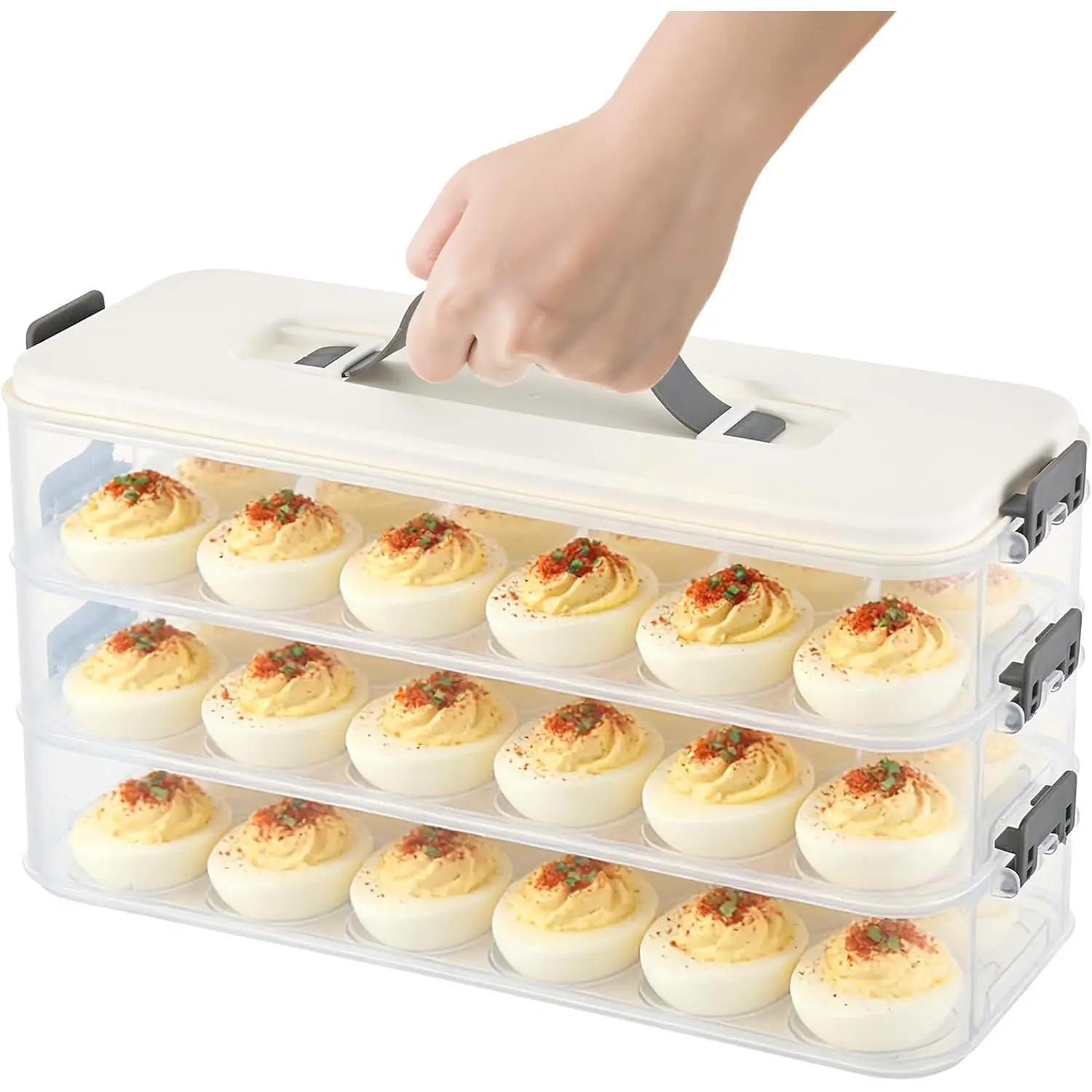 3-Layer Deviled Egg Container with Lid and Handle, Clear Plastic Deviled Egg Carrier for Fridge, Portable Stackable Eggs Holder Platter for Easter Party Picnics Camping Travel