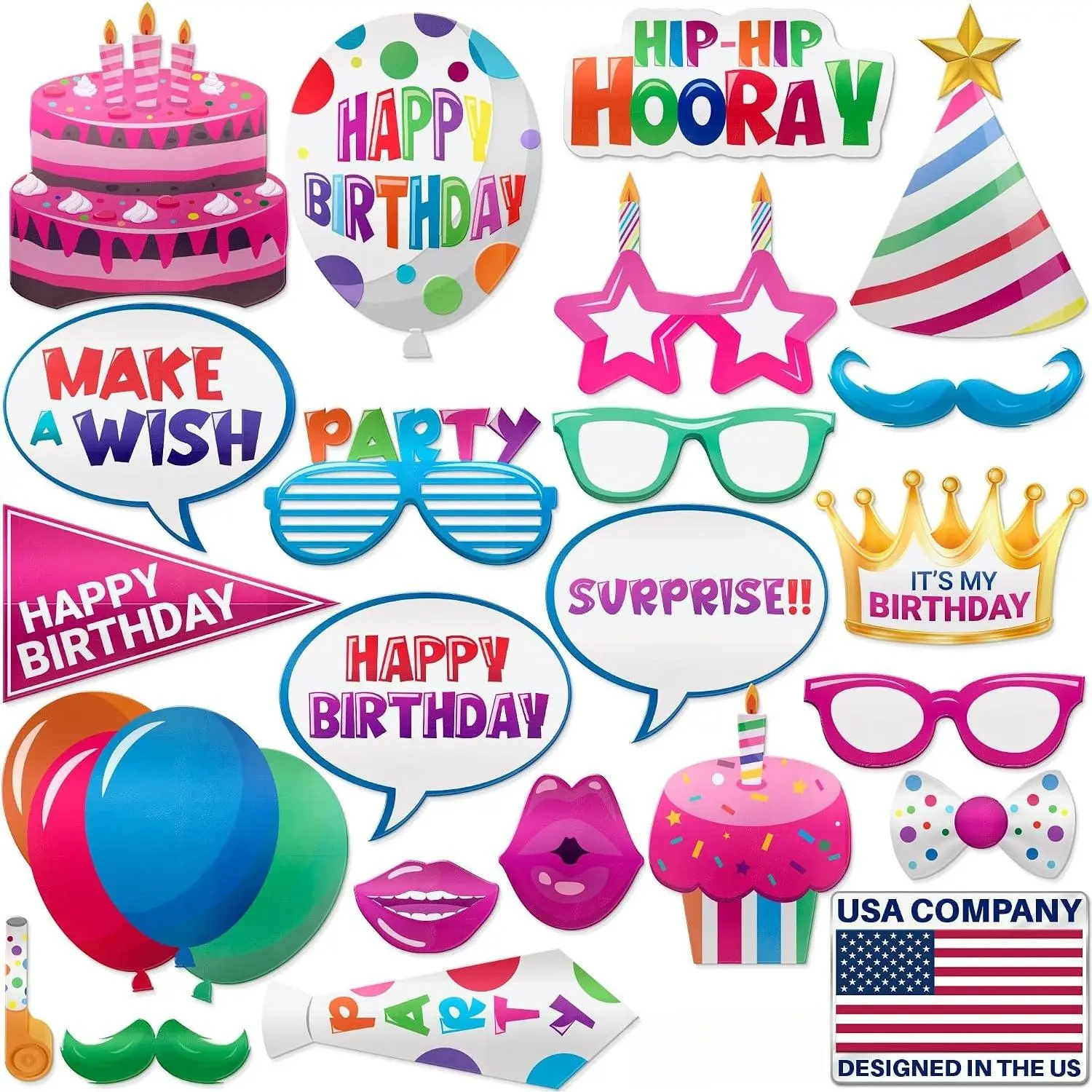 Birthday Photo Booth Props Kit - 22 count, Multicolored - Happy Birthday Party Fun Photobooth Selfie Accessories - for Adults &  - Funny Photoshoot w/ - by