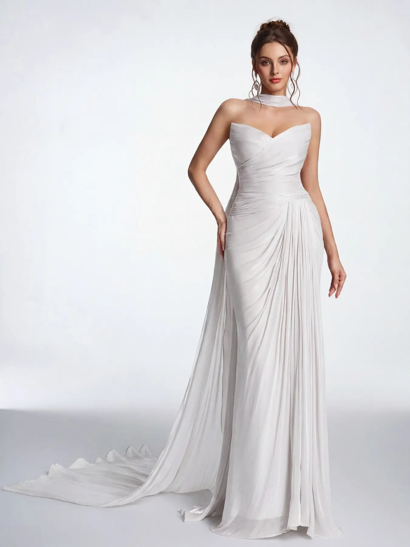 Women's Strapless Cross Pleated Evening Gown, Glossy Chiffon Long Train Dress, Detachable Back Tie, Elegant Wedding Guest Dress