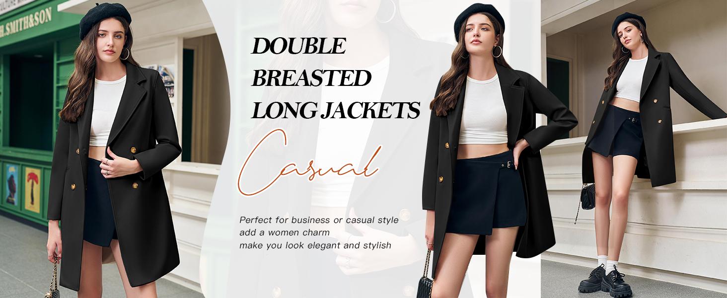 Yousify Womens Notched Lapel Collar Double Breasted Pea Coat Winter Wool Blend Overcoat Long Fitted Jacket with Pockets