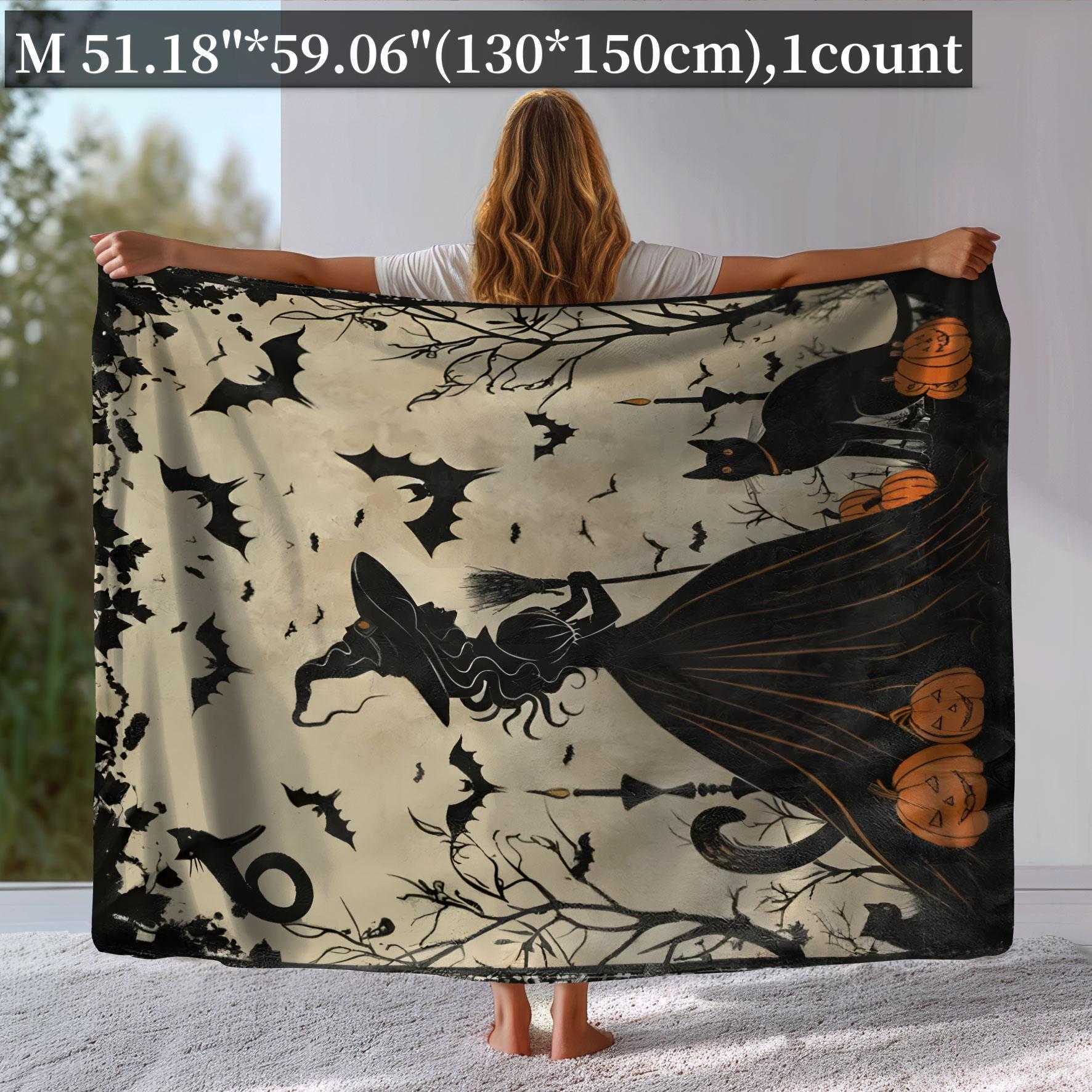 Cartoon Themed Decorative Giftable Blankets, 1 Count Witch and Black Cat Pattern Soft Cozy Throw Blanket, Air-conditioned Room Blanket, Warm Nap Blanket for Home Office Travel Camping, Bedroom Accessories, Travel Essentials, Christmas Gifts, Halloween