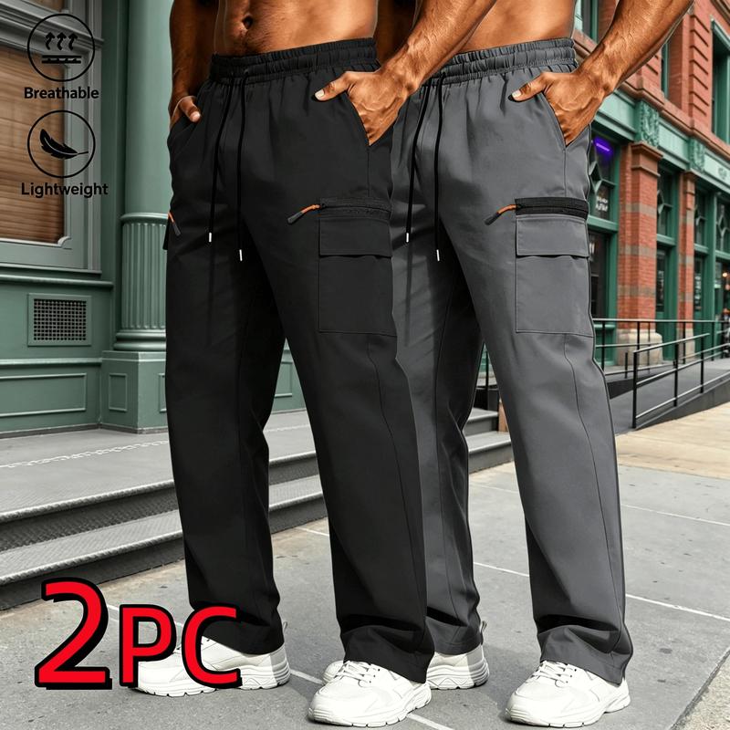 2PC Men's Sports Work Pants with Elastic Band Design and Orange Decorative Zipper, Suitable for Beach Strolling, Hiking, Weekend Leisure, Daily Affairs Handling, and Outdoor Walking