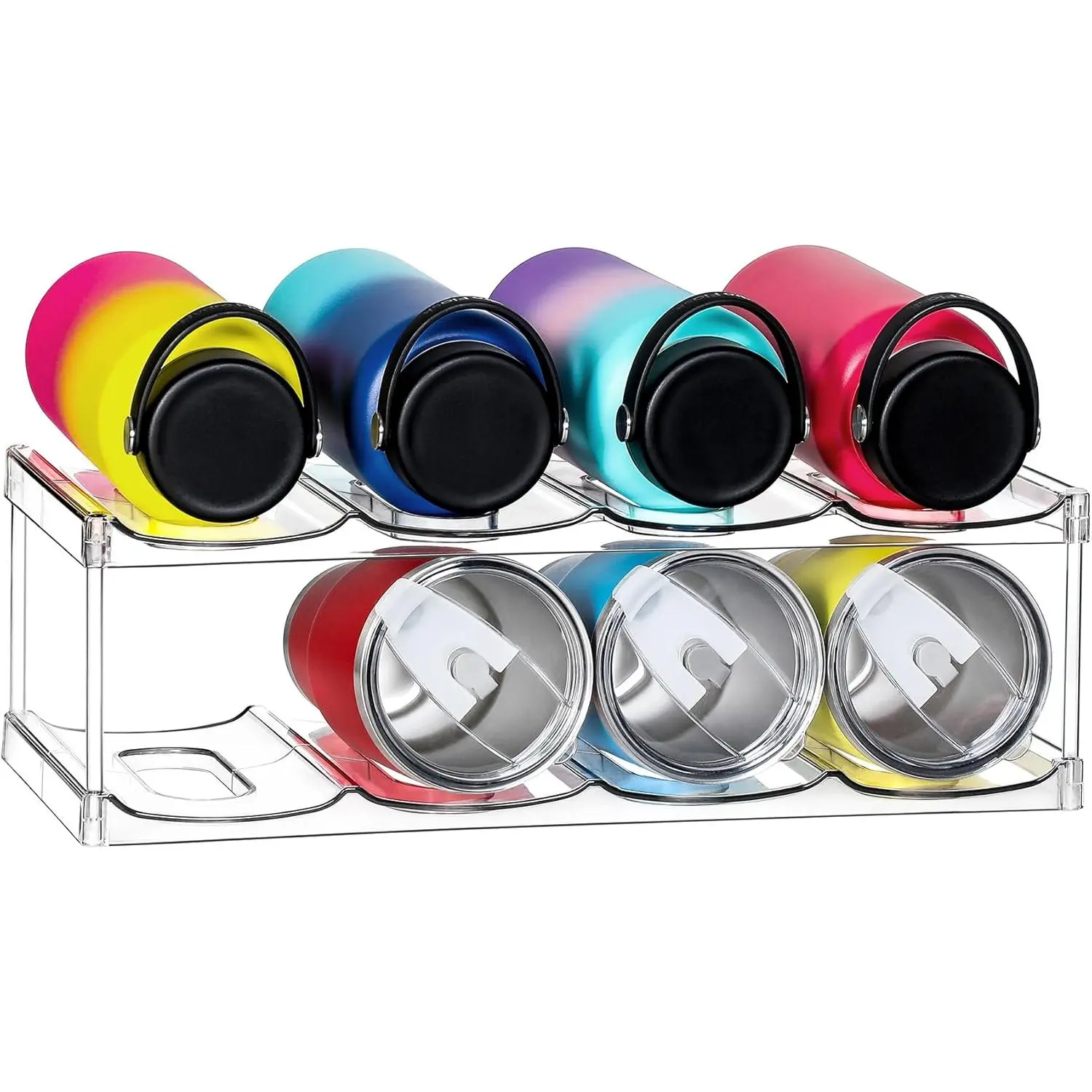 LARGER Compartment - 2 Tier Stackable Water Bottle Organizer Holder - for  40oz & Others' Large Tumbler - Clear  Rack, 8 Cup Bottle Holder for Cabinet  Countertop Fridge Pantry Shelf