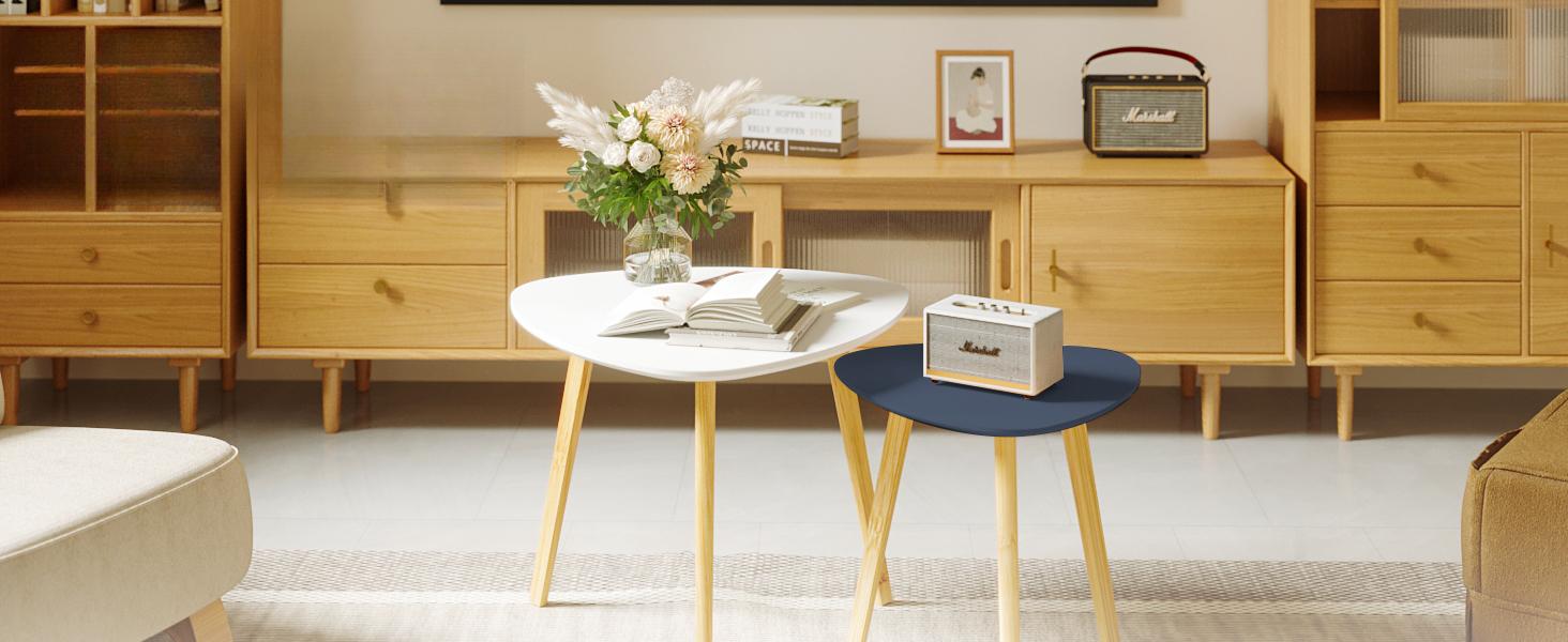Nesting Triangle End Table,Set of 2 SideTable Modern Minimalist Coffee Table for Living Room, Balcony in White & Grey