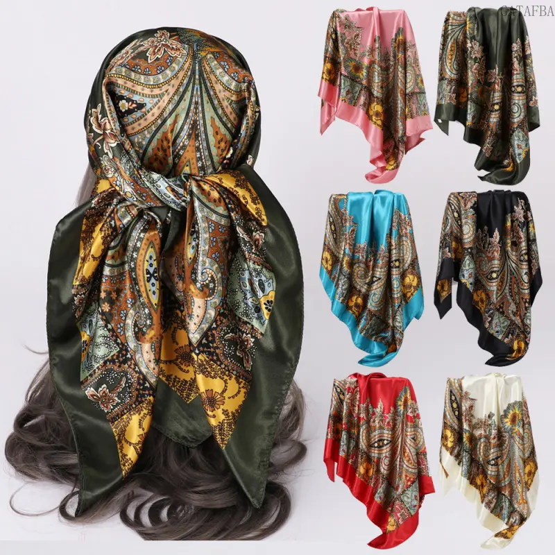 Classic European Pattern Silk Scarf, Fashion Versatile Imitation Silk Head Square Scarf 90cm for Women
