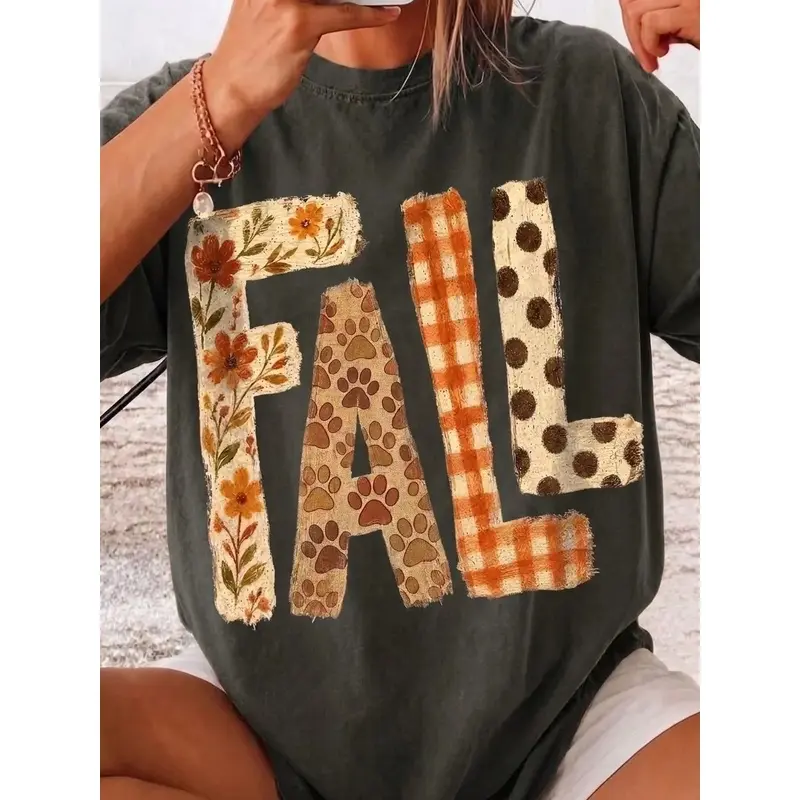 Fall Patchwork   Shirt, Cute Autumn Floral Paw Print Graphic Tee, Cozy Fall Season Shirt for Women