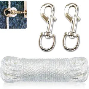 50 FT Flagpole Halyard Rope + 2 Pcs 3.5" Flag Swivel Snap Clips - Flag Pole Hardware Accessories Kit Rope with Eye Bolt Hooks