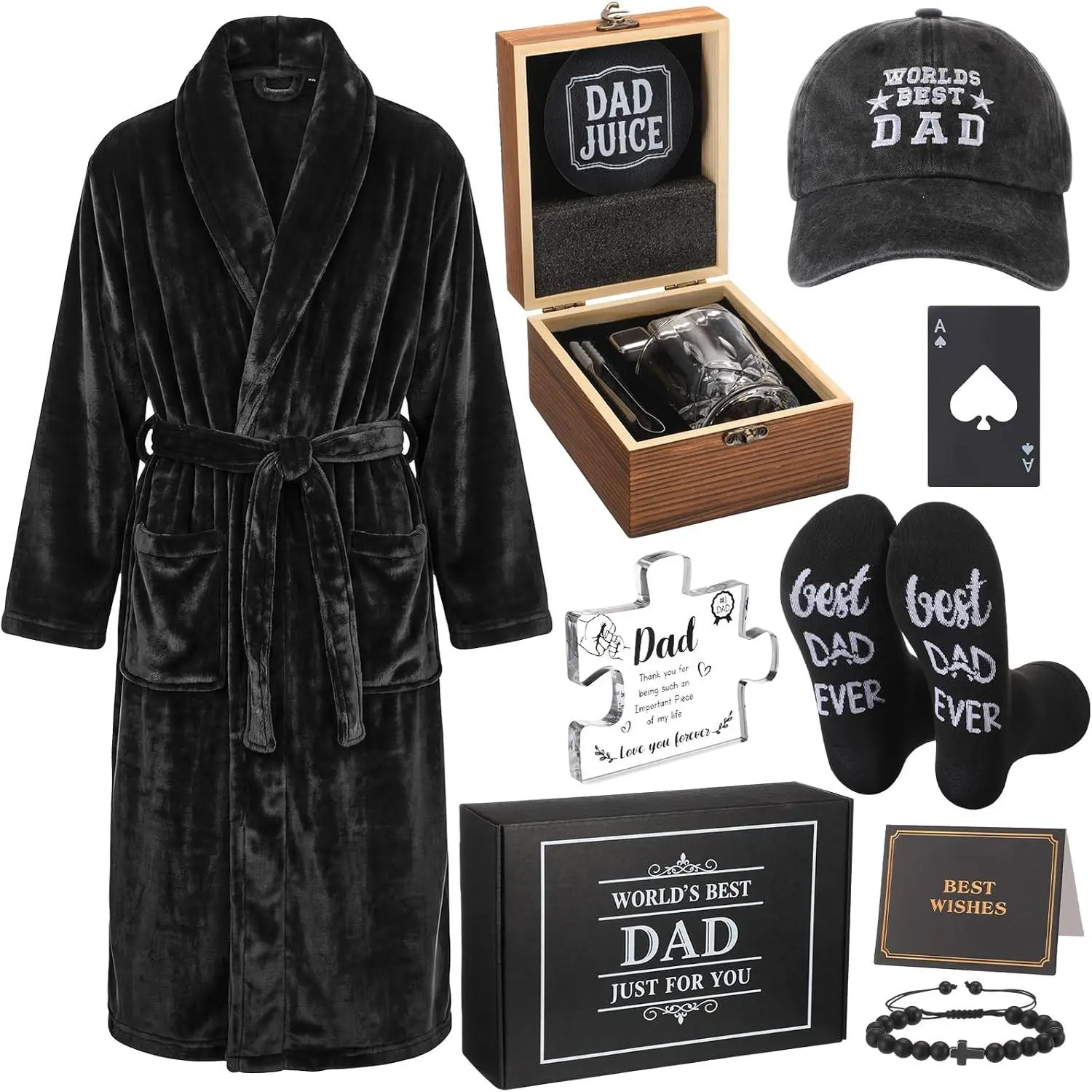 15 count Dad  Set for Fathers Day World's  Dad Gifts Box Include Flannel Bathrobe,  Glass, Bracelet, Cap, Socks, Wooden Box,  Plaque, Card for Father's Day Birthday