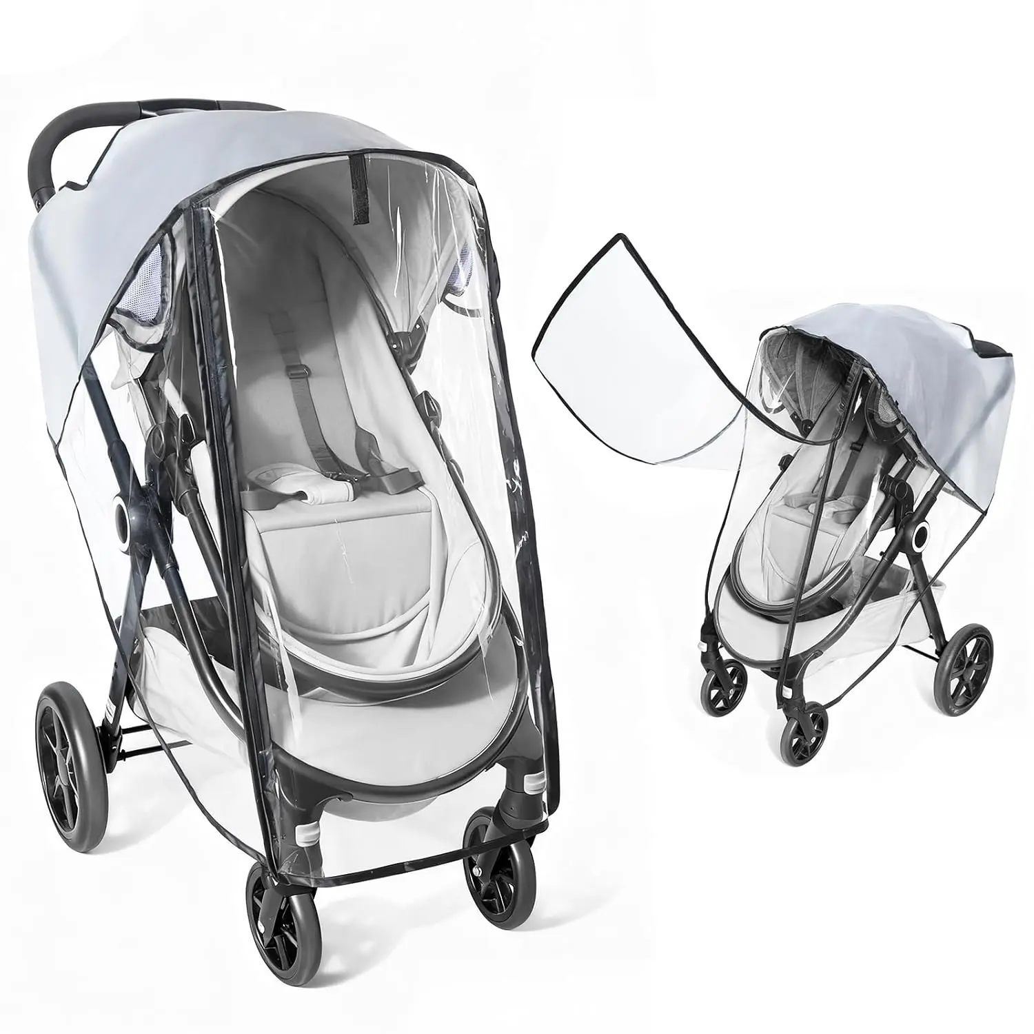 Universal Stroller Rain Cover, Full Coverage Windproof EVA Shield with Leak-Proof Zip for Easy Access, All-Season Waterproof with Transparent Vent, Foldable, Dustproof