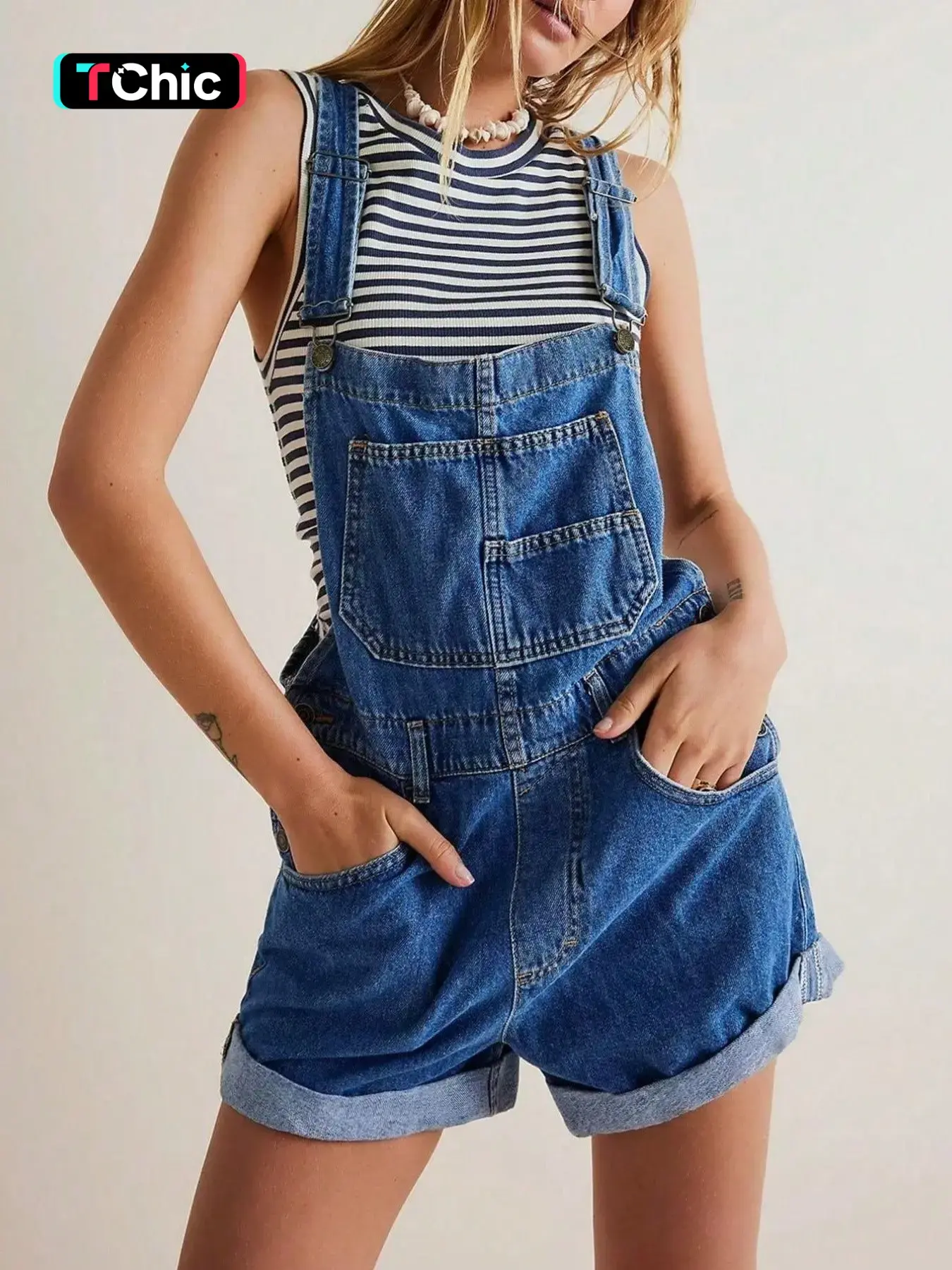 Women's Casual Everyday Denim Overalls Bermuda Shorts, Non-Elastic, with Pockets, Comfortable Summer, Trendy Ladies' Short Pants