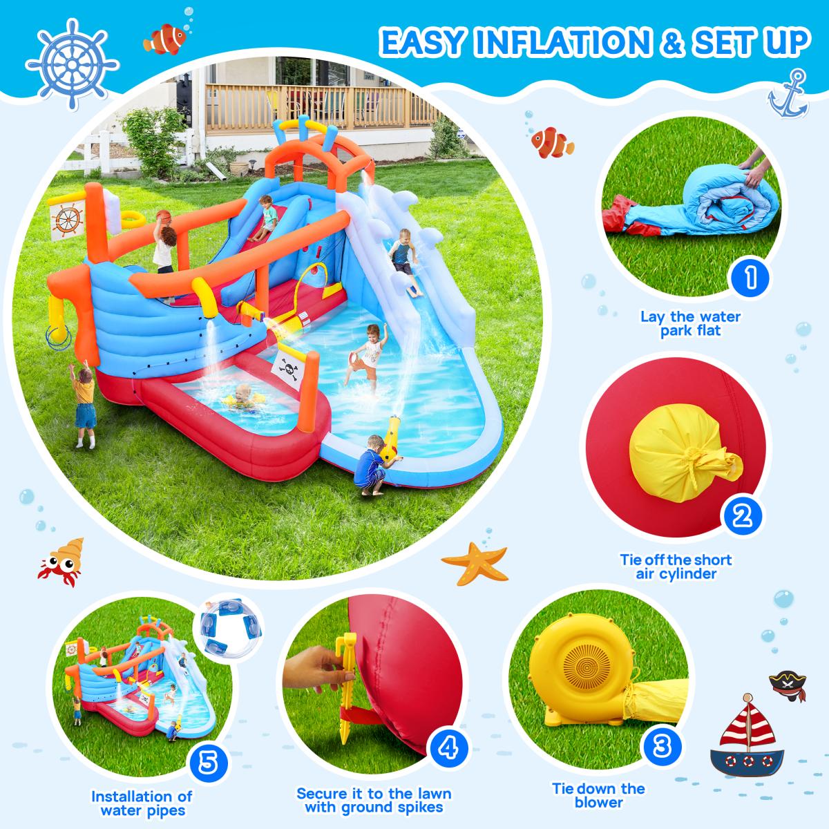 Aobtkel,9 in1 Inflatable slide water park bouncing house outdoor Soccer garden bouncer with Splash pool & Water gun & Climbing wall & Basketball & Football,Inflatable Water Slide With Air Blower, Inflatable Mighty Bounce, Mega Water Park Bouncy Cast