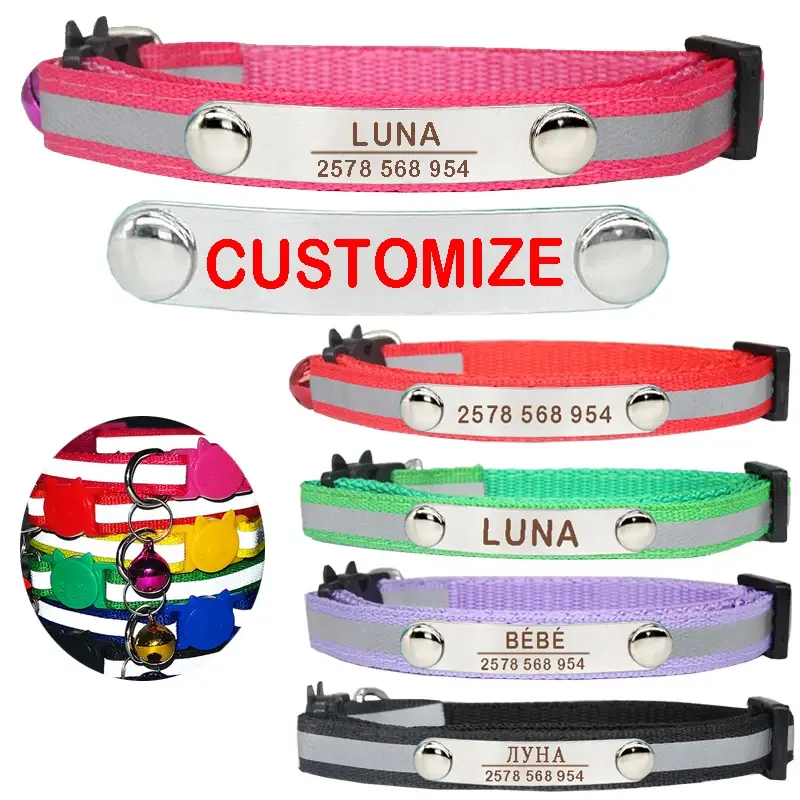 Personalized Reflective Cat Collar with Custom Engraved ID Tag, Adjustable Safety Breakaway Buckle for Kittens and Puppies