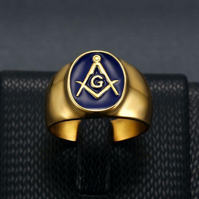 [FLAME] Hip Hop Masonic AG Ring Gold Plated Stainless Steel Blue Enamel Inlay Freemason Symbol Iced Out Statement Jewelry Trendy Streetwear Accessories for Men