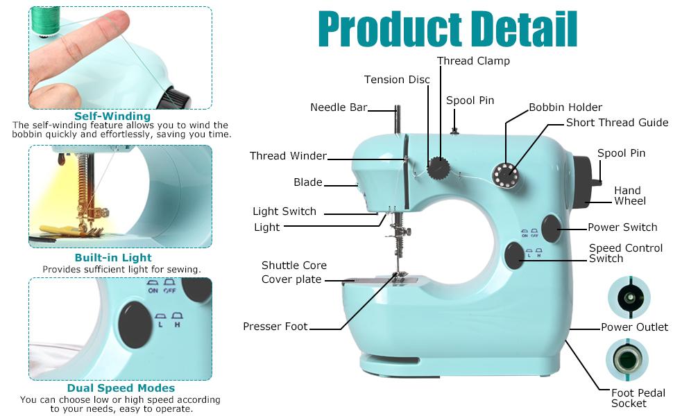 Sewing Machine for Beginners, Mini Sewing Machine for Kids & Adults with Large Extension Table, LED Light, 2 Speed Foot Pedal, Sewing Kit with 127 Accessories(Cyan)