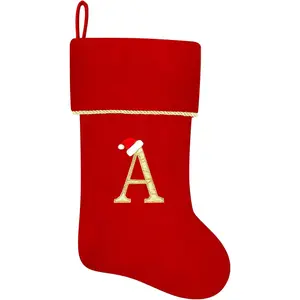 20 Inches Initial Monogram Red Christmas Stocking Personalized Large Embroidered Letter Velvet Christmas Stocking with Gold Trim Decoration for Family Christmas Holiday Party Decor Letter A