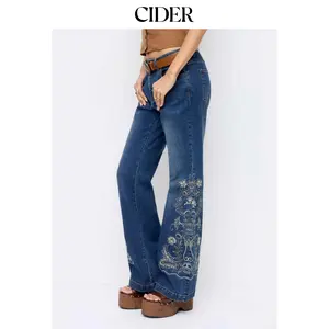Cider Stretch Denim Floral Embroidery High Rise Flared Trousers