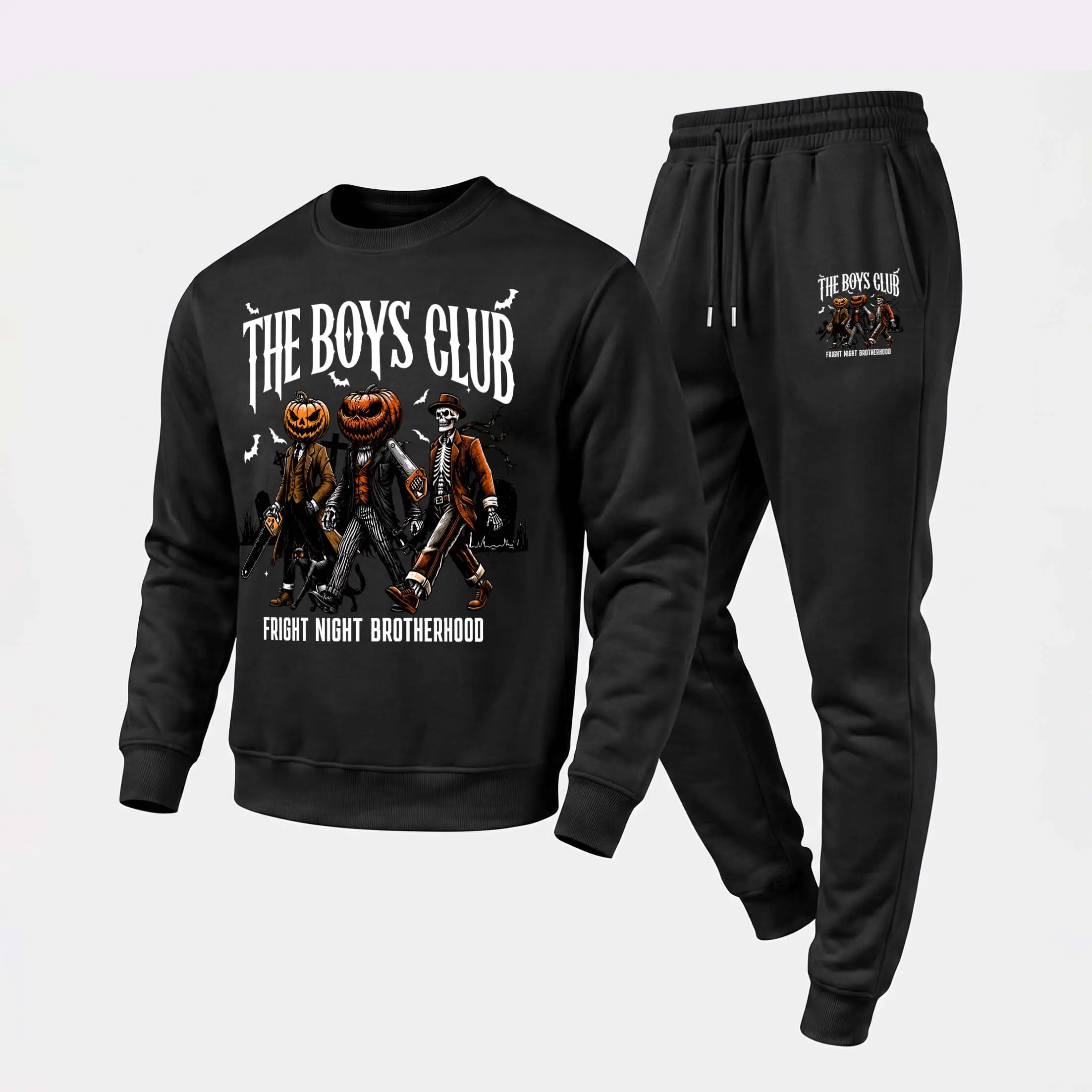 Men's The Boys Club Fright Night Brotherhood Crewneck Sweatshirt and Jogger Pants Set, Casual Long Sleeve Pullover with Drawstring Sweatpants, Fall Winter Tracksuit for Daily Wear, Travel, Lounge, Workout and Indoor Outdoor Activities