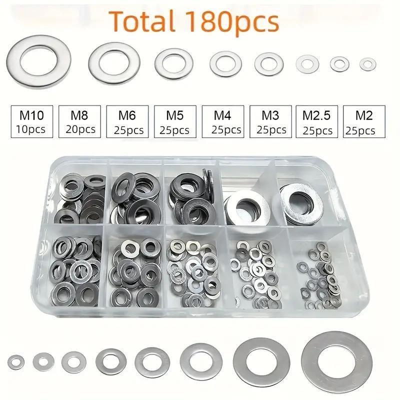 80-580pcs Stainless Steel Flat Washers Assortment Kit, M2 to M12 Sizes for Home Decoration and Outdoor Construction, Perfect for Factories and Shop Repairs