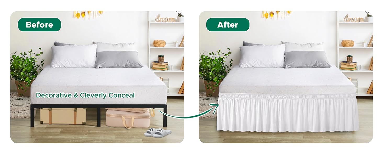 Wrap Around Bed Skirts for Queen Size Beds with 18" Long Drop, White Elastic Dust Ruffles Wrinkle & Fade Resistant Luxurious Machine Washable