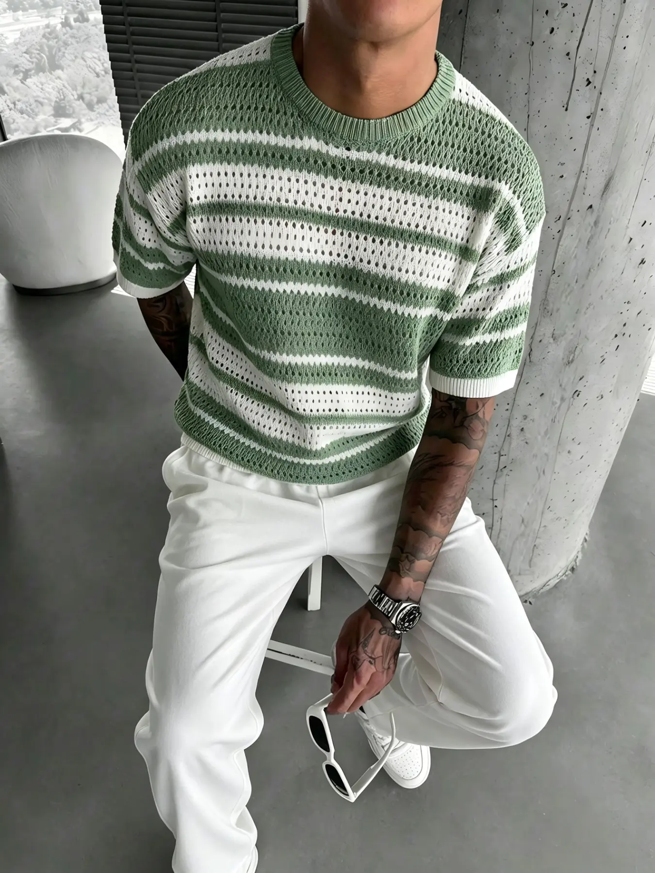 Men's Casual Two-Piece Set, Short Sleeve Knit Sweater with Plain Sweatpants, Loose-Fitting Fall & Winter Streetwear
