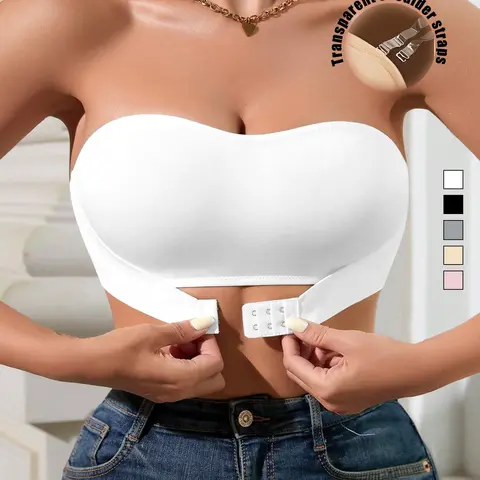 Women's Strapless Buckle Front Push-Up Bra, Comfortable Breathable Fit Everyday Wear, Casual Style Wireless Underwear, Backless Full Coverage Seamless Bras, Comfy Shaping Bras, Wirefree Bras