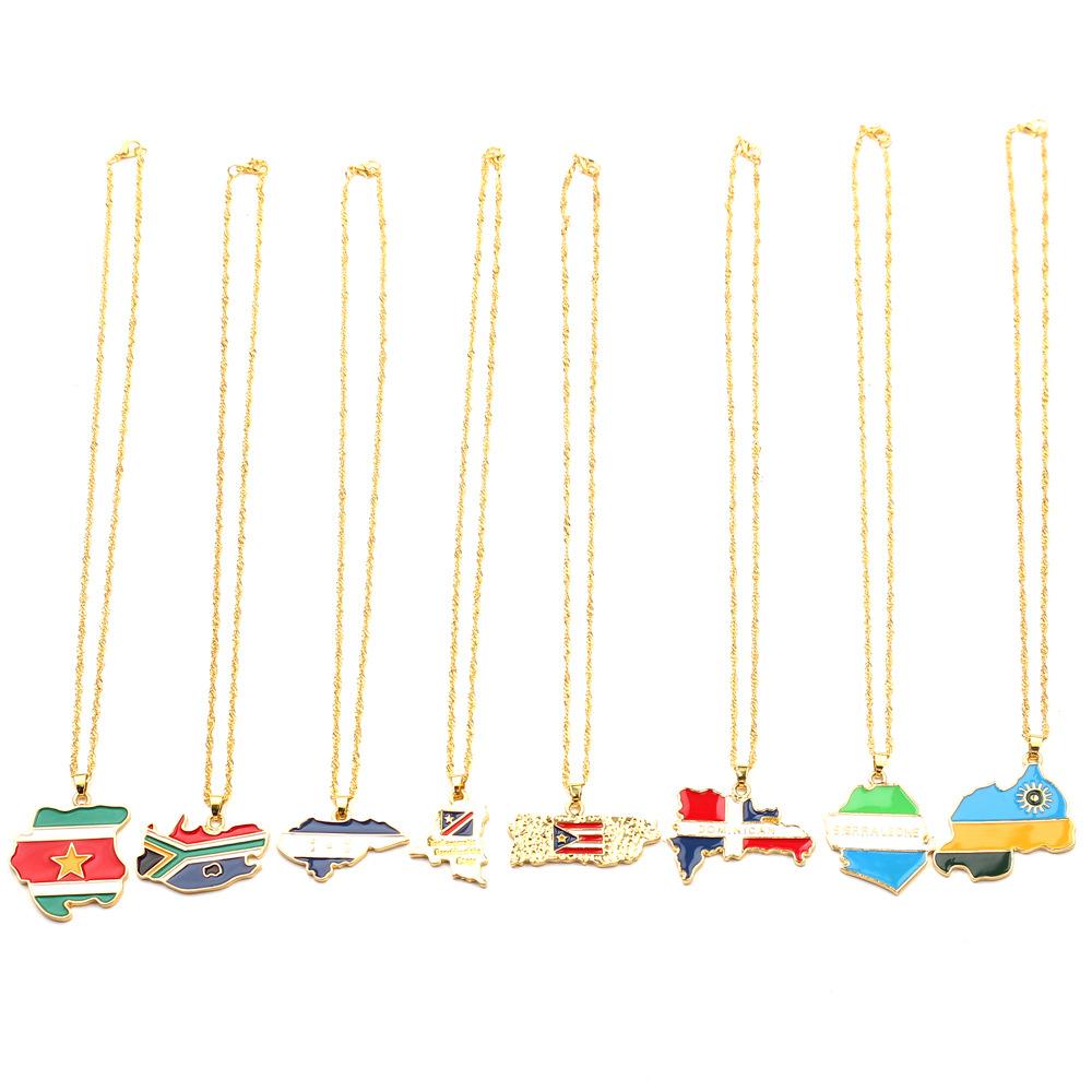 World Country Map Flag Pendant Necklace Gold Plated Alloy Charm Necklaces National Pride Jewelry for Men Women