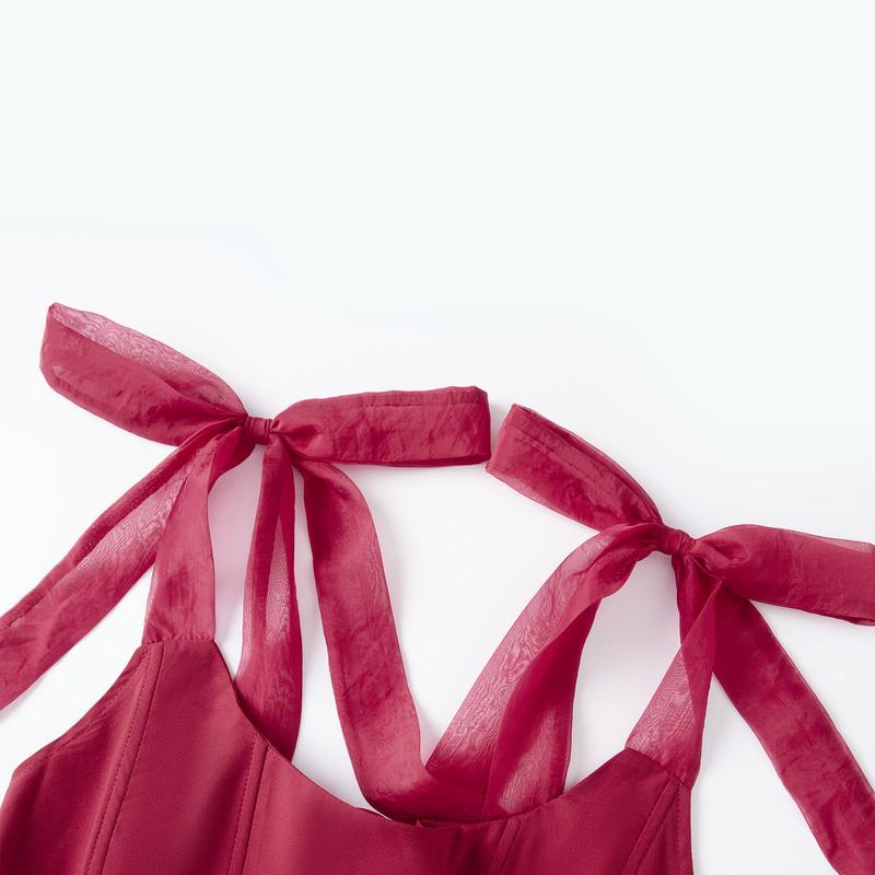 Womens Party Tutu Dress Stylish Solid Ruffled Trim Tie Back Sleeveless Tie-Shoulder Midi A-Line Dress