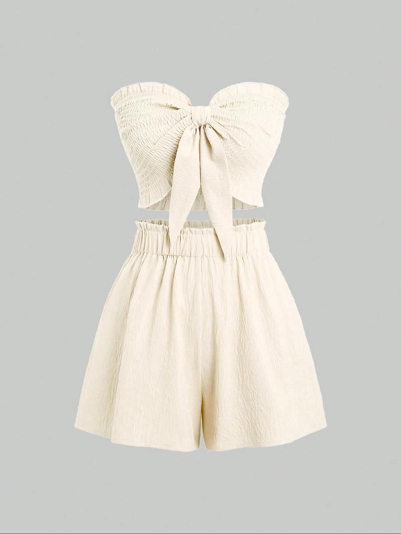 Two-Piece Set Women's Solid Color Crop Tube Top & Elastic Waist Shorts Set, Casual Fashion Cozy Outfits for Daily Outdoor Wear, Ladies Clothes for Summer