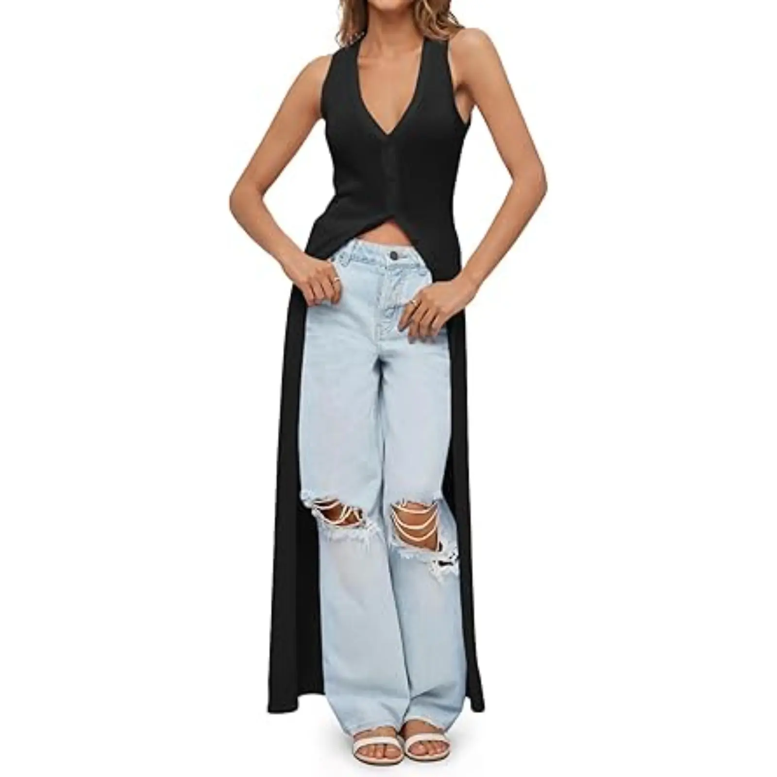 Saodimallsu Lady's Bohemian Crochet Long Knitwear Cardigan - Button-Up Duster, Bell Sleeve Basic Clothes, Ruffle Hem, Cotton-Acrylic Fabric Beach Swim Cover Up, Casual Layer, Bell Sleeves, Cardigan For Women, Beach Cover Ups, Solid, Ruffled Hem sohochic