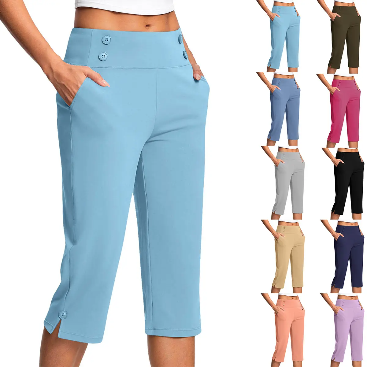 Women's Elastic Capri Yoga Pants with Pockets, High Waist Button Decor Cropped Pants, Casual Stretch Split Hem Workout Capris for Daily Wear