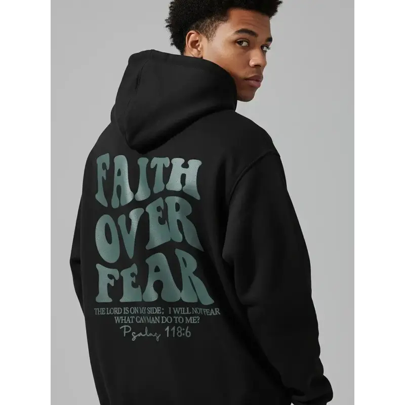 Men's Faith Over Fear Graphic Print Pullover Hoodie - Cotton Blend Black Long Sleeve Regular Fit, All-Seasons, Soft Breathable Fabric, Durable Print, Everyday Comfort, Machine Washable, Casual Urban Outdoor Commuting