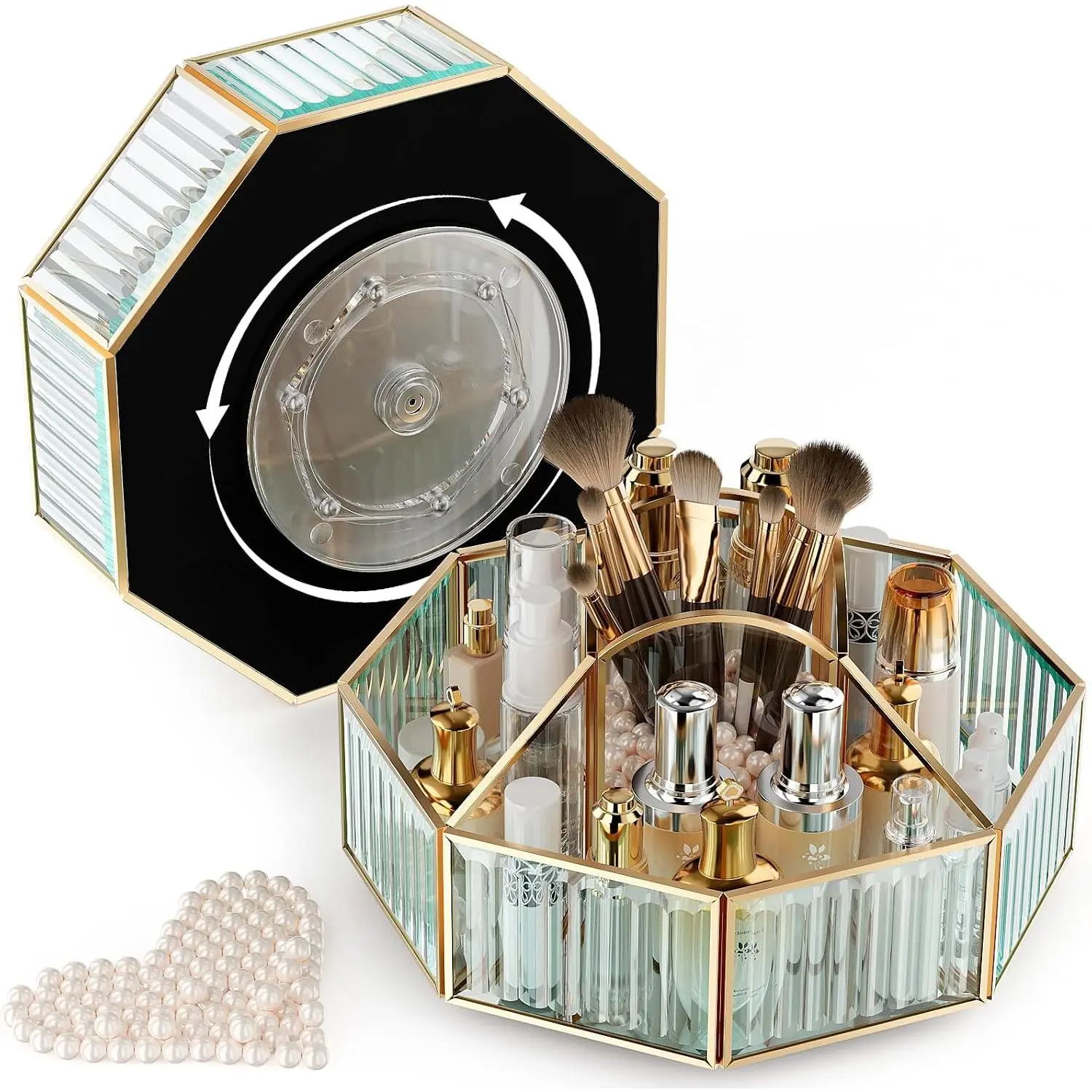 Rotating Glass Makeup Organizer for  with Brush Holder | 5 clear compartments organize lipstick, perfume, palettes and skincare  a , bathroom countertop or beauty station