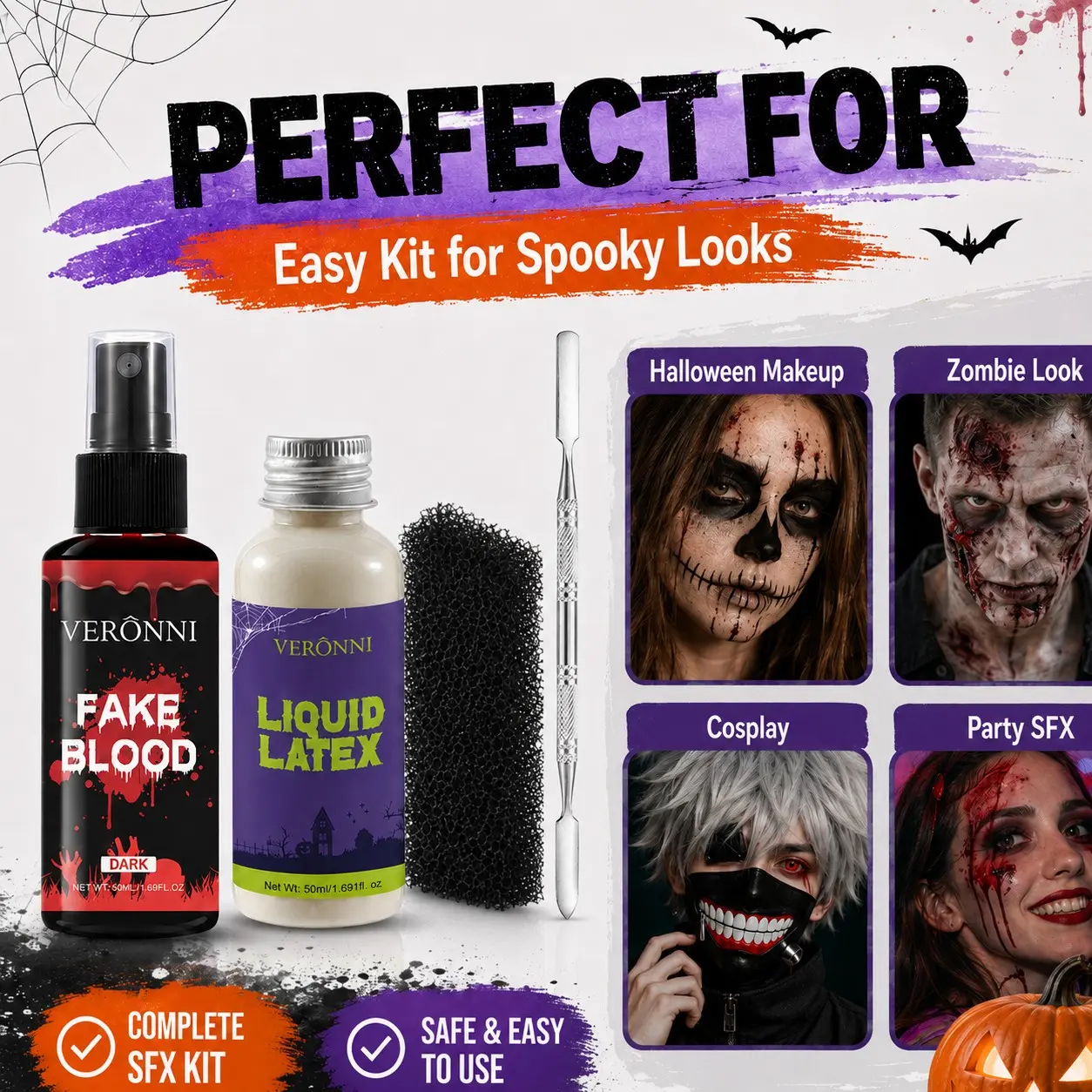 Veronni Halloween Sfx Makeup Kit, 4-Piece Set with Fake Blood Spray, Liquid Latex, Sculpting Tool, Sponge, for Zombie, Vampire, Monster Cosplay