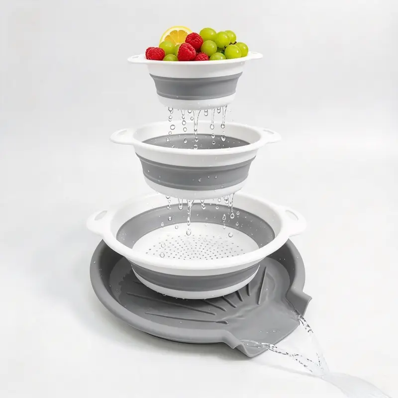 Collapsible Colander 3-Piece Set, Sturdy Kitchen Strainer Set with Sink Self-Draining Base, 3 Sizes for Draining During Meal Prep