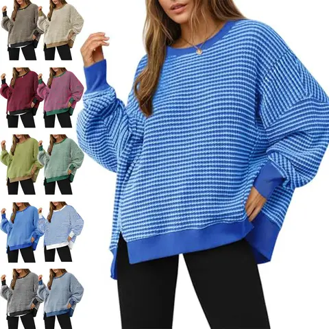 LAICIGO Women's Fall Fashion Oversized Sweatshirt Casual Cozy Waffle Knit Long Sleeve Crewneck Split Pullover Tops