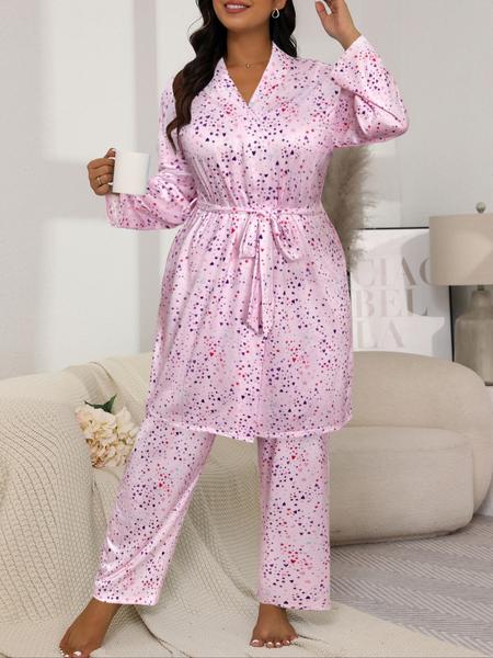 Plus Size Heart Star Polka Dot Print Strap Pants & Long Sleeve Robe Set, Casual Home Wear, Spring & Fall Sleepwear, Comfortable Fit