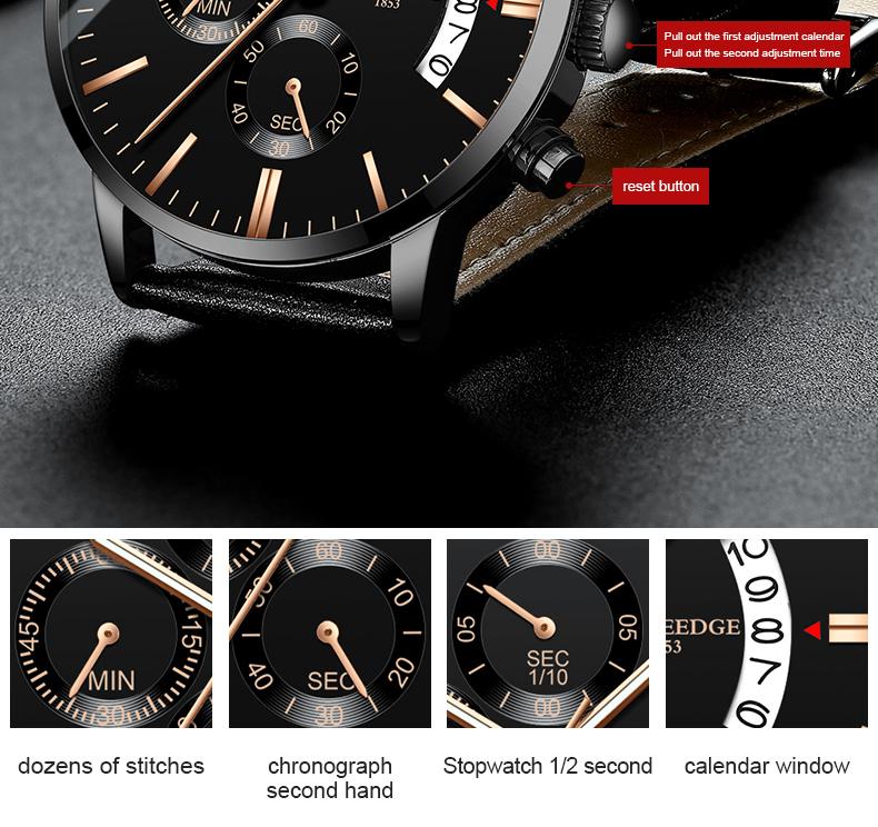 Men's Luxury Black Chronograph Quartz Watch - Leather Strap Wristwatch with Date, Multi-Function Subdials, Luminous Hands, Business Casual Dress Watch, Perfect Gift for Him