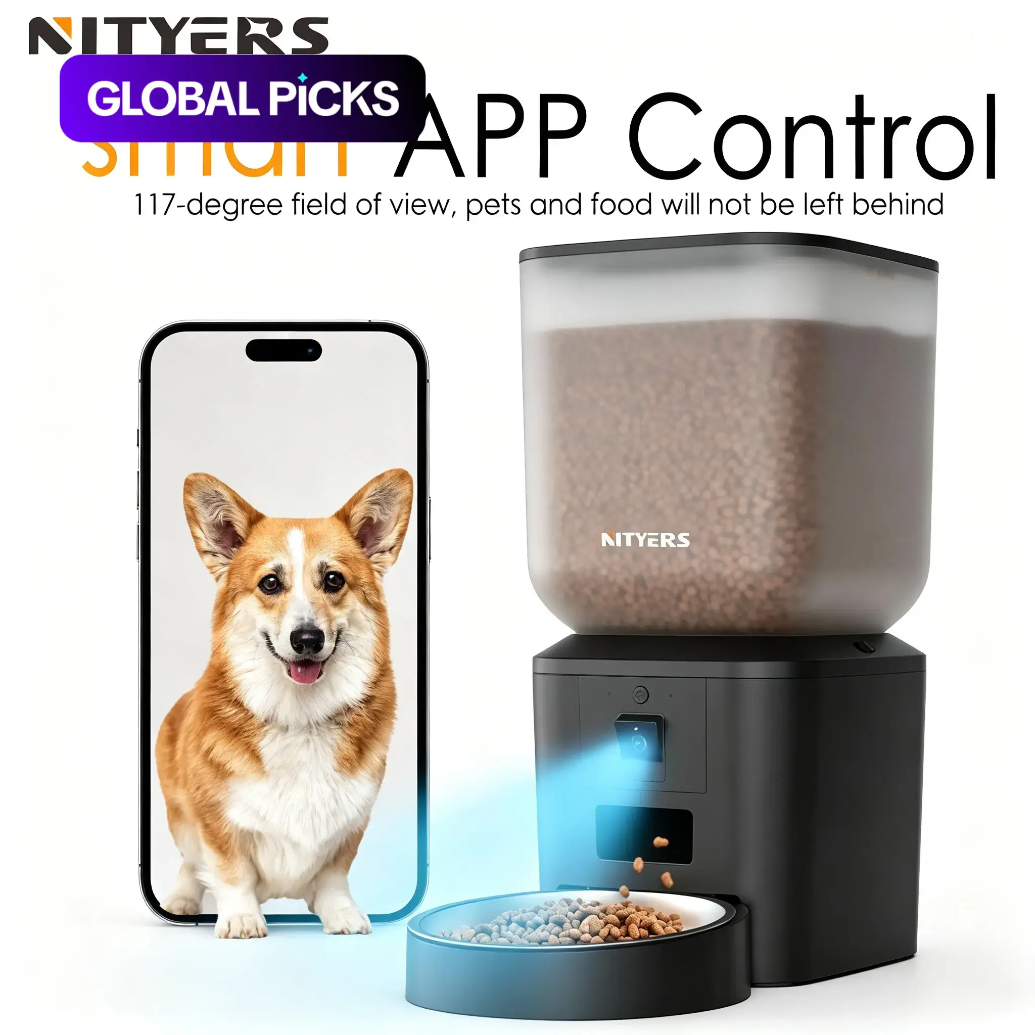 Nityers Automatic Dog Feeder with Rotating Camera, 8L Capacity, 1080P Video, Night Vision, 5GHz WiFi, APP Control, Voice Recording, 2-Way Talk #GLOBAL PICKS