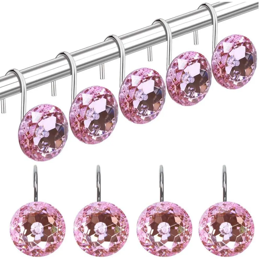 12pcs Pink Shower Curtain Hooks Rings Rust Proof Stainless Steel for Bathroom Curtains Rod Diamonds Rhinestone Decorative Round for Bathroom Curtain Shower Rod Accessories