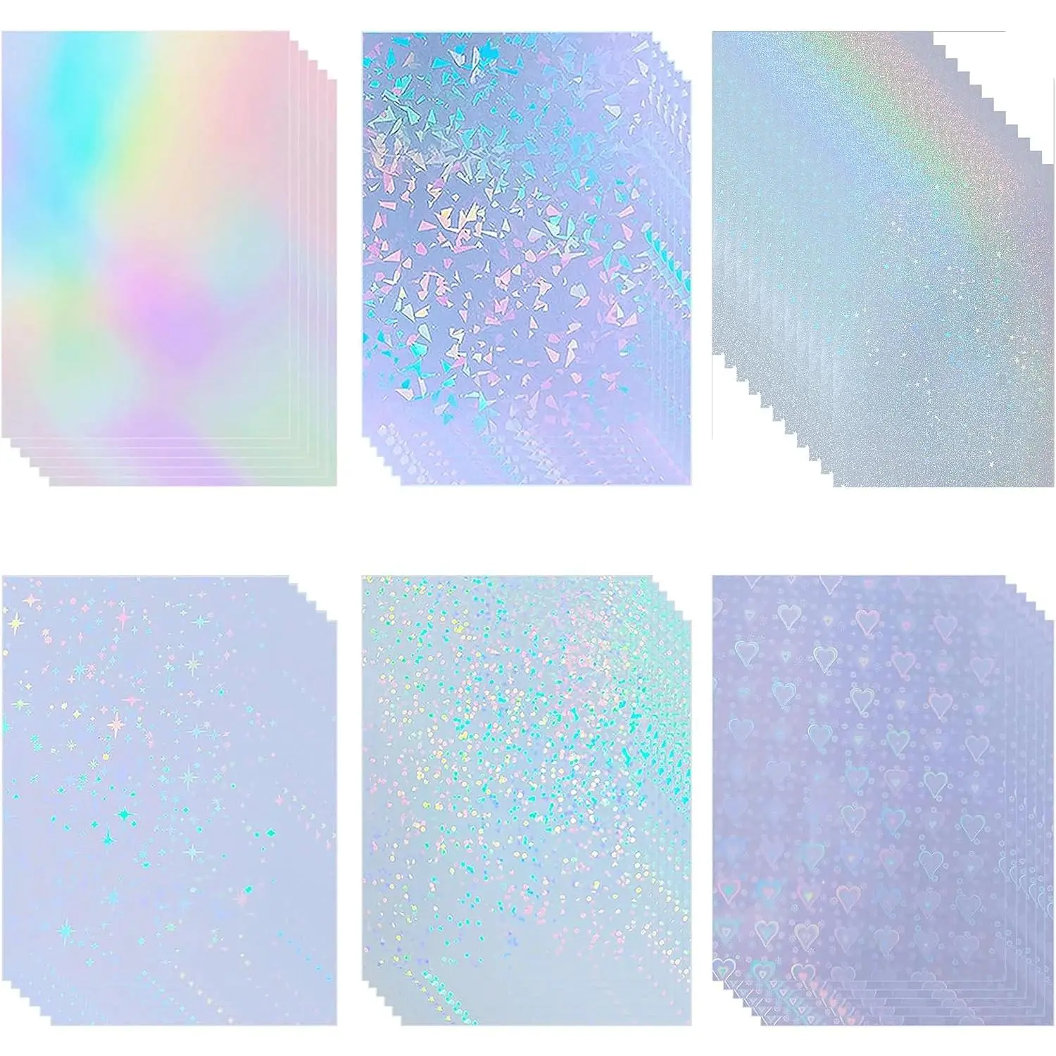 36 Sheets Holographic Sticker Paper Clear Self-Adhesive Laminate Sheets | 8.5x11 Inch Transparent Cold Self-Adhesive Laminating  Overlay Film Rainbow/Dots//Broked Glass/Sand /Heart