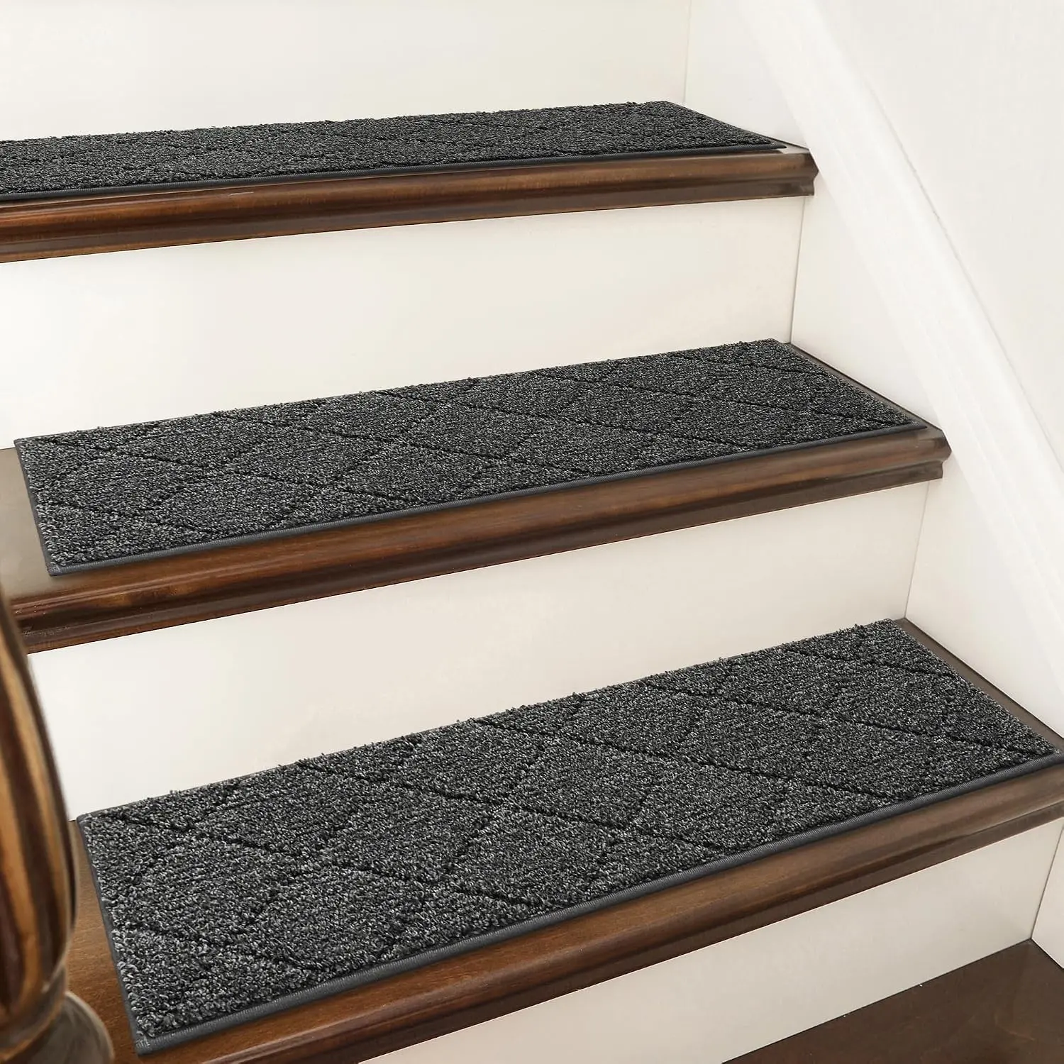 Non-Slip Edging Carpet Stair Treads 28in x 9in, 4 Pack Black - Washable Adhesive Indoor Stair Runner for Wooden Steps, Safe for Kids, Seniors & Dogs, Polyester with TPE BackGift