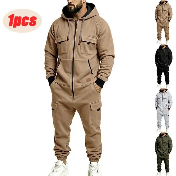 Men's solid-color hooded tooling onesie, full zipper opening and closing, multi-pocket design, ribbed closure, street tough casual style